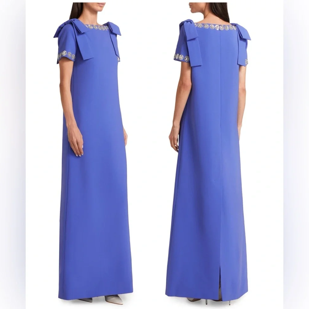 CAROLINA HERRERA Crystal-Trim Boatneck Column Gown With Shoulder Bows Maxi Dress - Picture 10 of 15